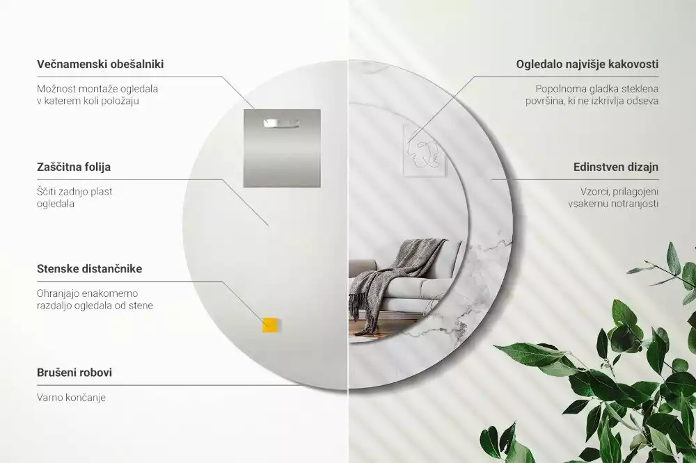 Lustro z okrągłą ramką z nadrukiem w kolorze białego marmuru