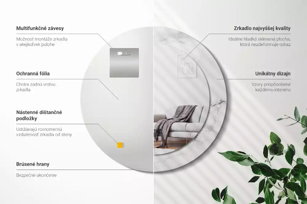 Lustro z okrągłą ramką z nadrukiem w kolorze białego marmuru