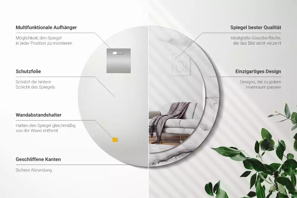 Lustro z okrągłą ramką z nadrukiem w kolorze białego marmuru