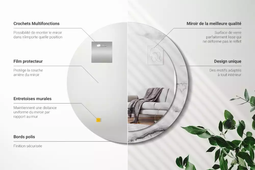 Lustro z okrągłą ramką z nadrukiem w kolorze białego marmuru