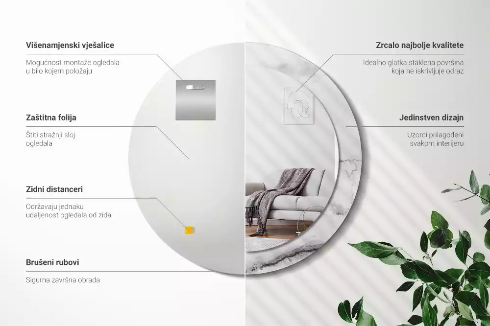 Lustro z okrągłą ramką z nadrukiem w kolorze białego marmuru