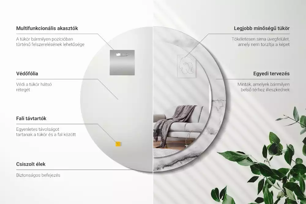 Lustro z okrągłą ramką z nadrukiem w kolorze białego marmuru