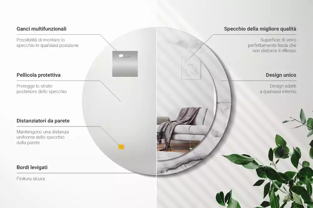 Lustro z okrągłą ramką z nadrukiem w kolorze białego marmuru