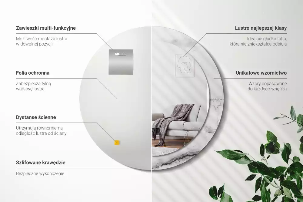 Lustro z okrągłą ramką z nadrukiem w kolorze białego marmuru