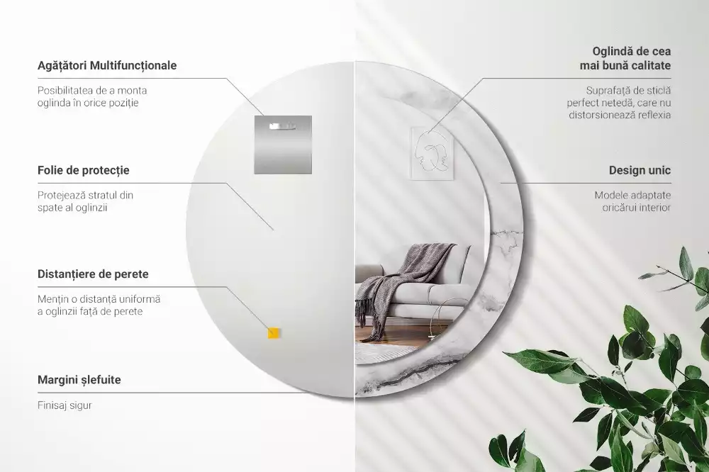 Lustro z okrągłą ramką z nadrukiem w kolorze białego marmuru