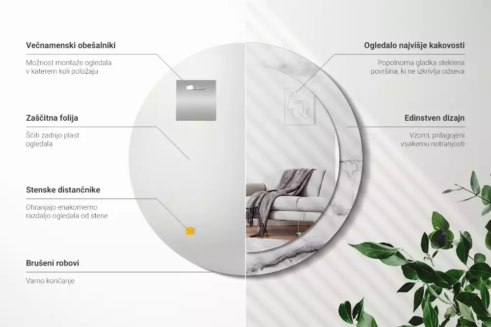 Lustro z okrągłą ramką z nadrukiem w kolorze białego marmuru