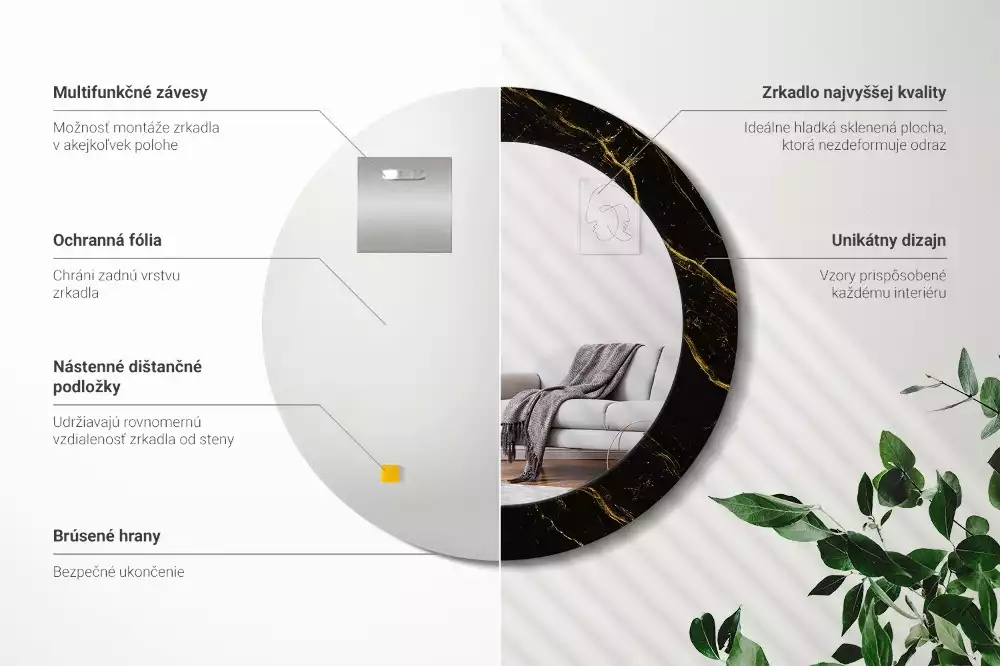 Lustro z okrągłą ramą z nadrukiem w kolorze czarnego marmurku