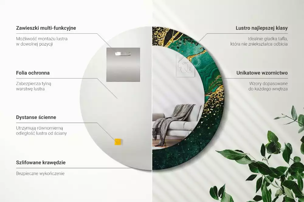 Lustro z drukowaną ramką w motywie marmurowej zieleni