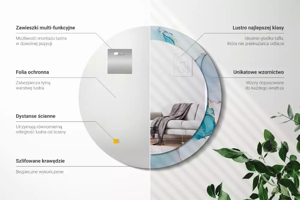 Lustro z ramą z nadrukiem w abstrakcyjny wzór płynnej grafiki