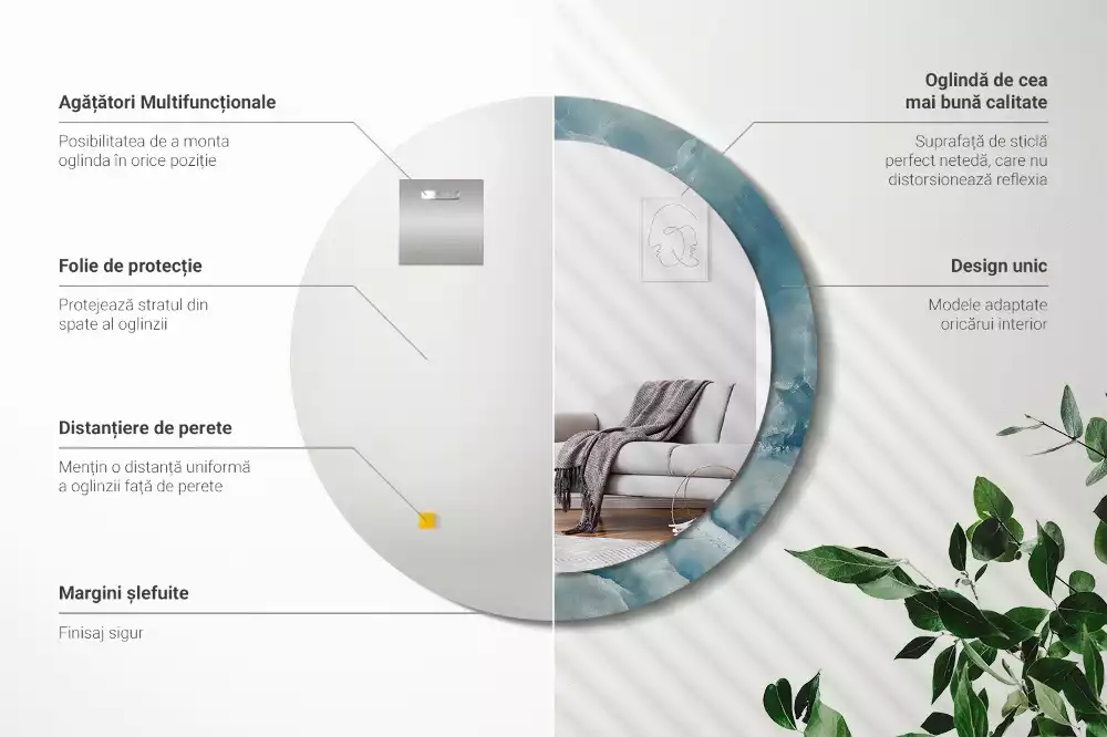 Lustro w okrągłej ramie z nadrukiem w kolorze niebieskiego marmuru onykso­wego