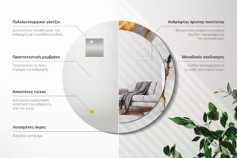 Lustro z okrągłą ramą z nadrukiem w kolorze białego marmuru