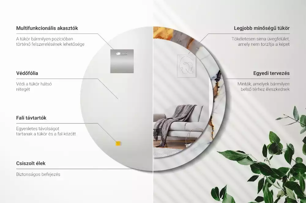 Lustro z okrągłą ramą z nadrukiem w kolorze białego marmuru