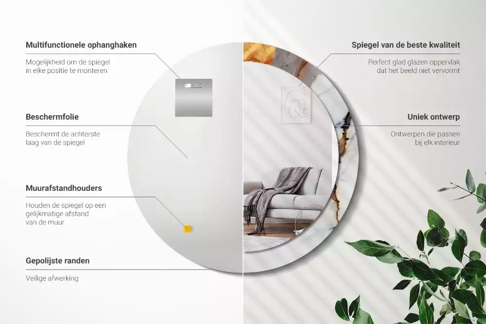 Lustro z okrągłą ramą z nadrukiem w kolorze białego marmuru