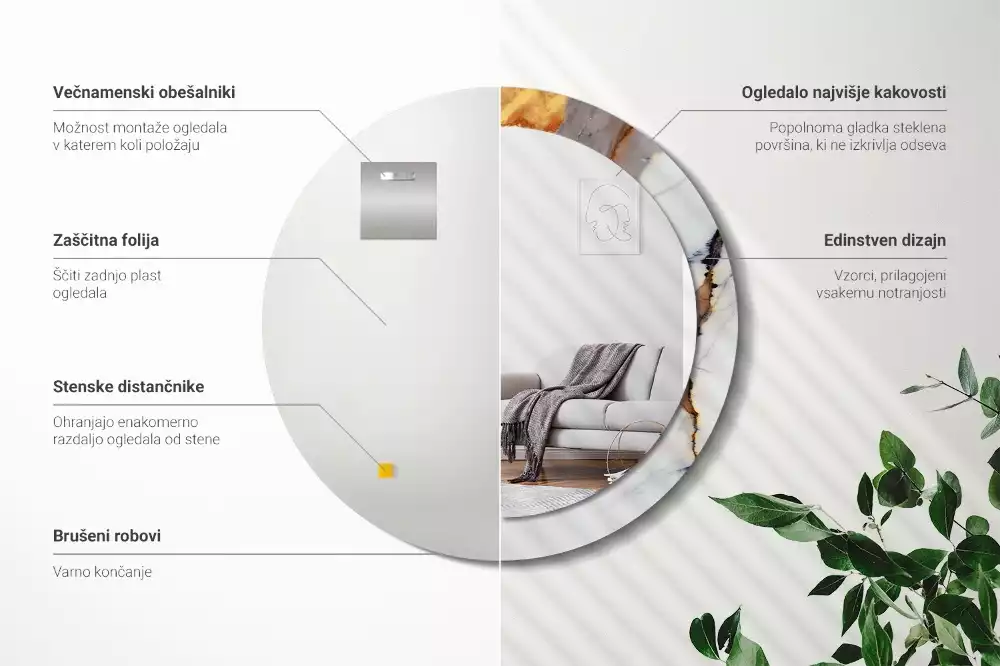 Lustro z okrągłą ramą z nadrukiem w kolorze białego marmuru