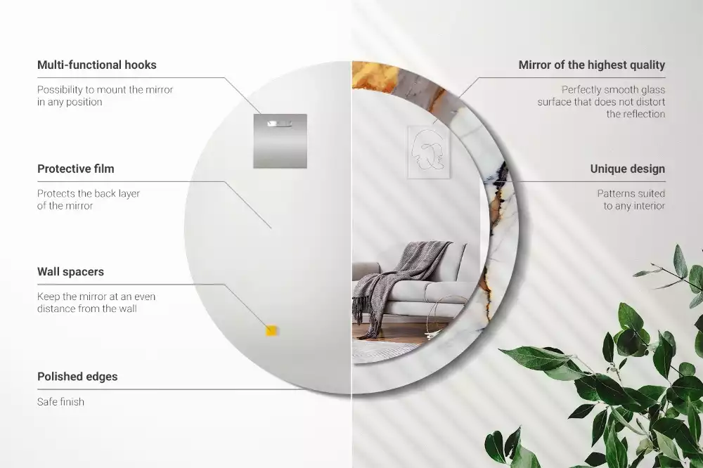 Lustro z okrągłą ramą z nadrukiem w kolorze białego marmuru