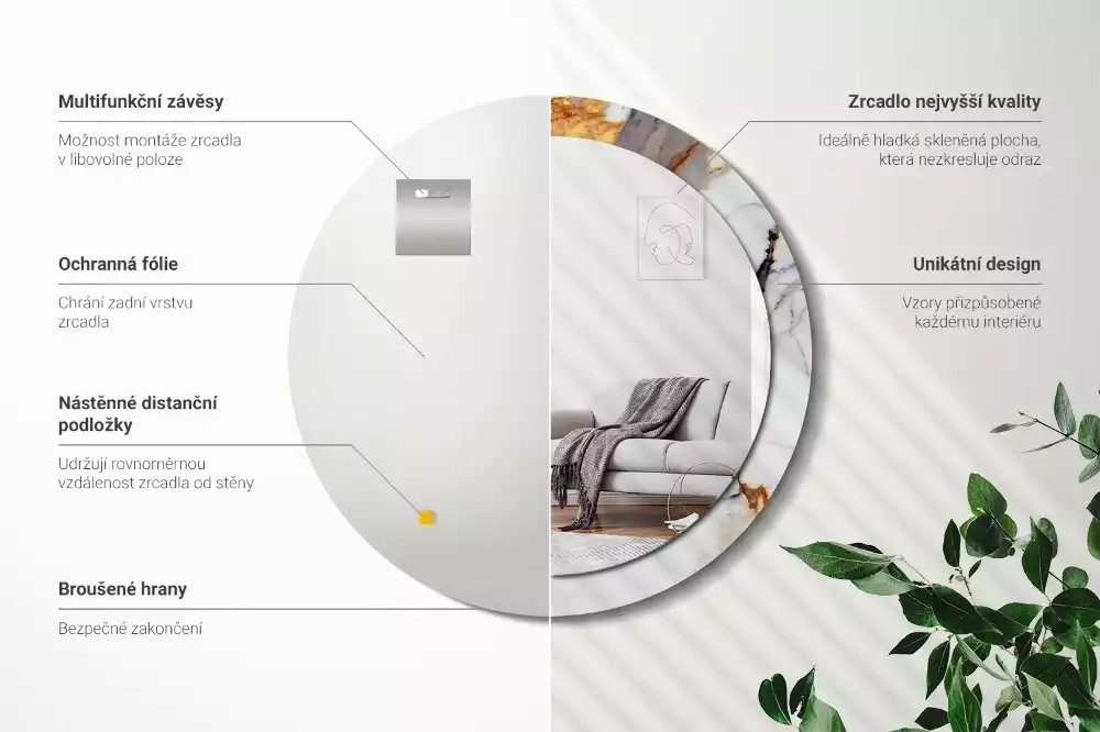 Lustro z okrągłą ramą z nadrukiem w kolorze białego marmuru