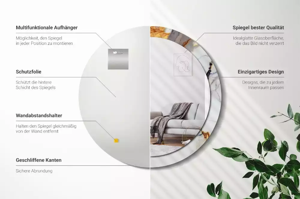 Lustro z okrągłą ramą z nadrukiem w kolorze białego marmuru