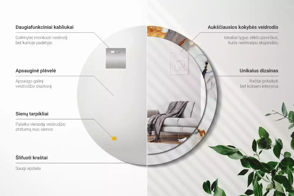 Lustro z okrągłą ramą z nadrukiem w kolorze białego marmuru