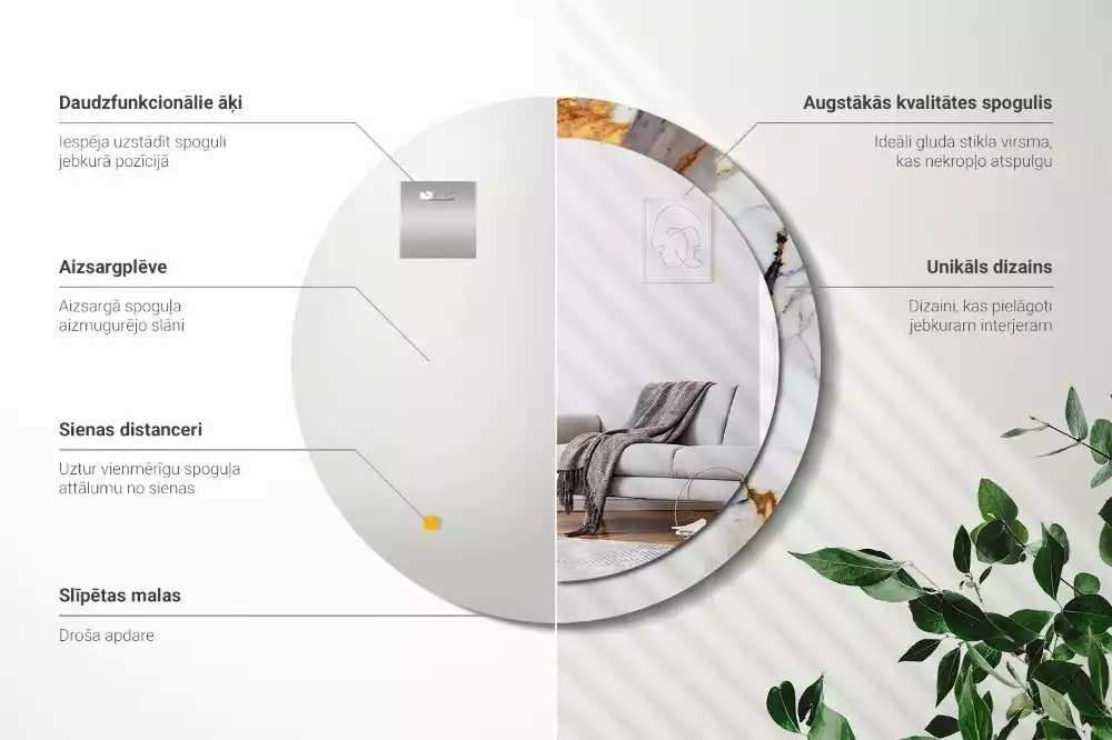 Lustro z okrągłą ramą z nadrukiem w kolorze białego marmuru