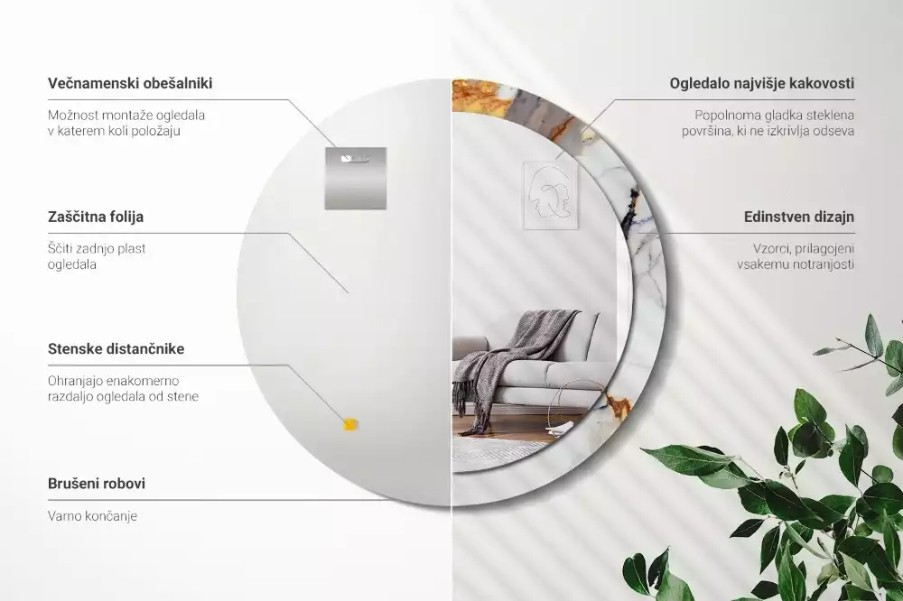 Lustro z okrągłą ramą z nadrukiem w kolorze białego marmuru