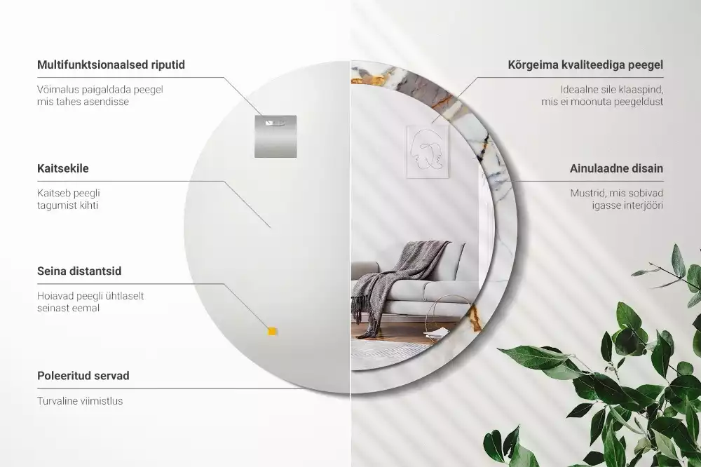 Lustro z okrągłą ramą z nadrukiem w kolorze białego marmuru