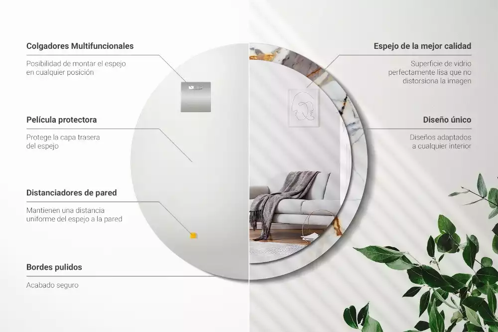 Lustro z okrągłą ramą z nadrukiem w kolorze białego marmuru