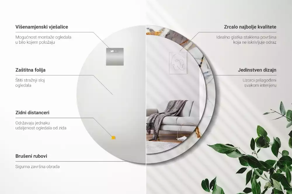 Lustro z okrągłą ramą z nadrukiem w kolorze białego marmuru