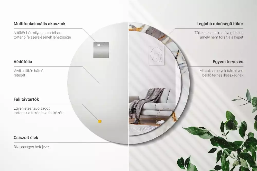 Lustro z okrągłą ramą z nadrukiem w kolorze białego marmuru