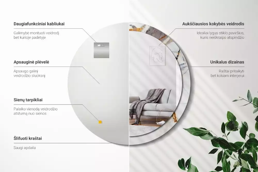 Lustro z okrągłą ramą z nadrukiem w kolorze białego marmuru