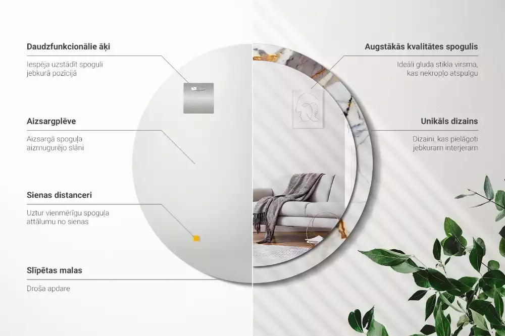 Lustro z okrągłą ramą z nadrukiem w kolorze białego marmuru