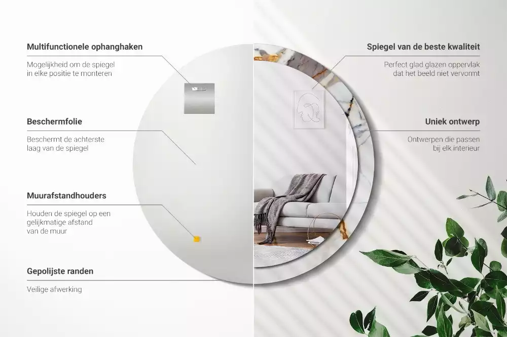 Lustro z okrągłą ramą z nadrukiem w kolorze białego marmuru