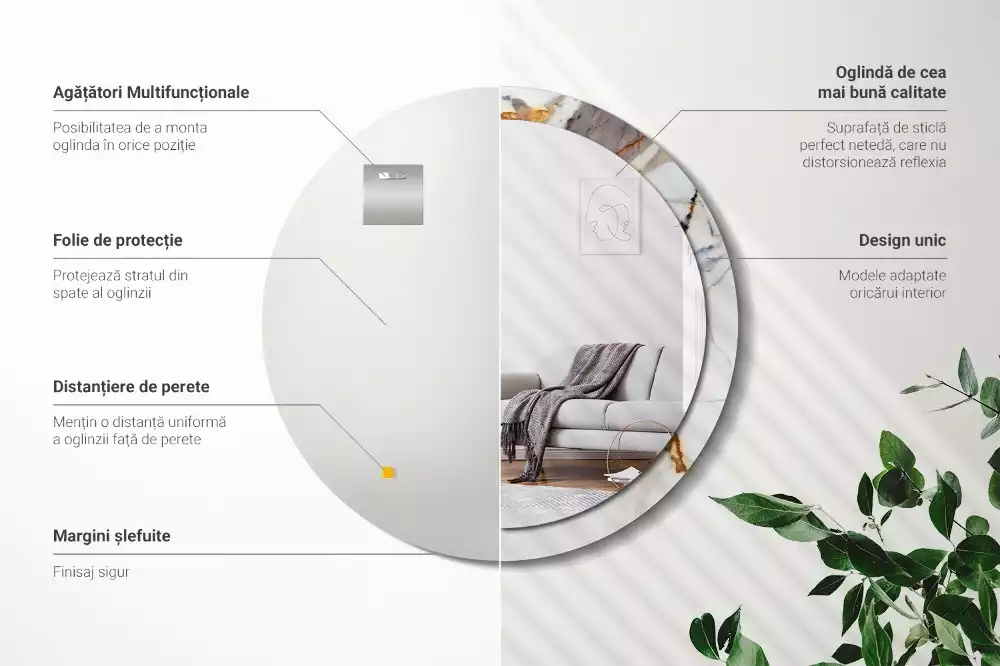 Lustro z okrągłą ramą z nadrukiem w kolorze białego marmuru