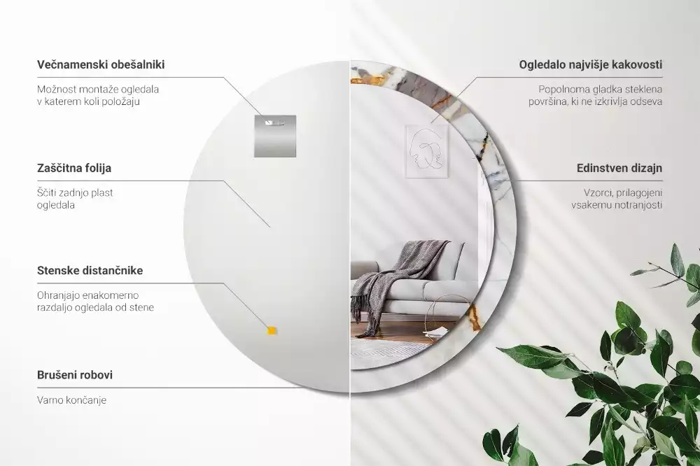 Lustro z okrągłą ramą z nadrukiem w kolorze białego marmuru