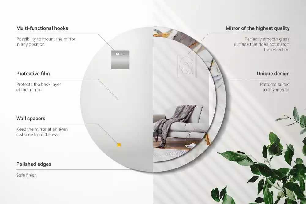 Lustro z okrągłą ramą z nadrukiem w kolorze białego marmuru