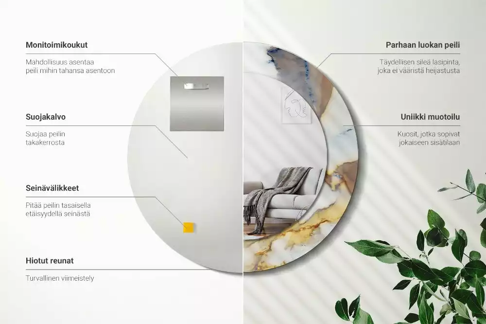 Lustro z okrągłą ramą z nadrukiem w kolorze białego marmuru