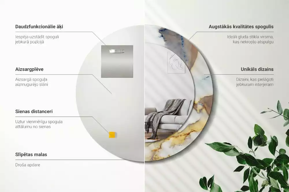 Lustro z okrągłą ramą z nadrukiem w kolorze białego marmuru