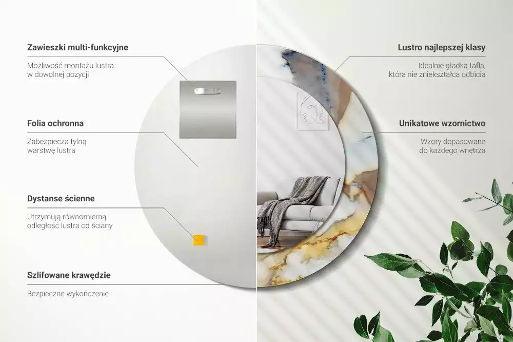 Lustro z okrągłą ramą z nadrukiem w kolorze białego marmuru