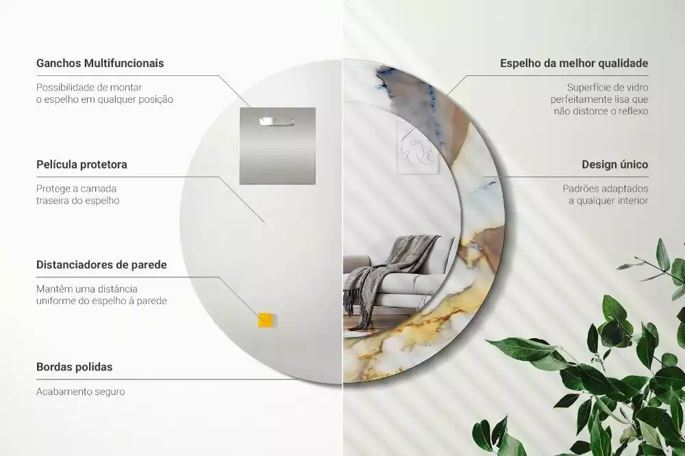 Lustro z okrągłą ramą z nadrukiem w kolorze białego marmuru