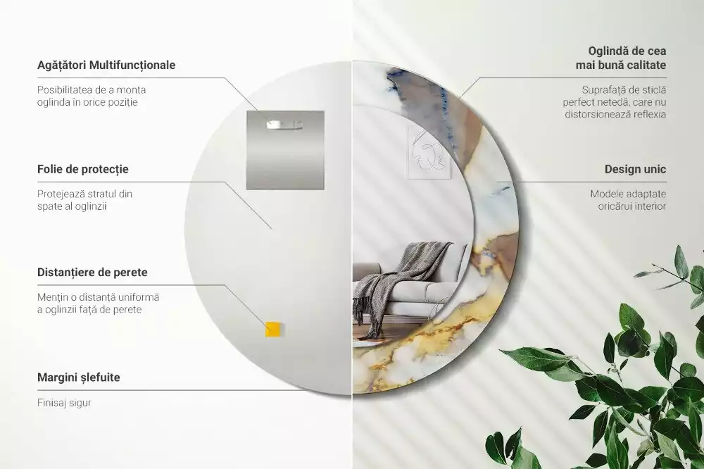 Lustro z okrągłą ramą z nadrukiem w kolorze białego marmuru