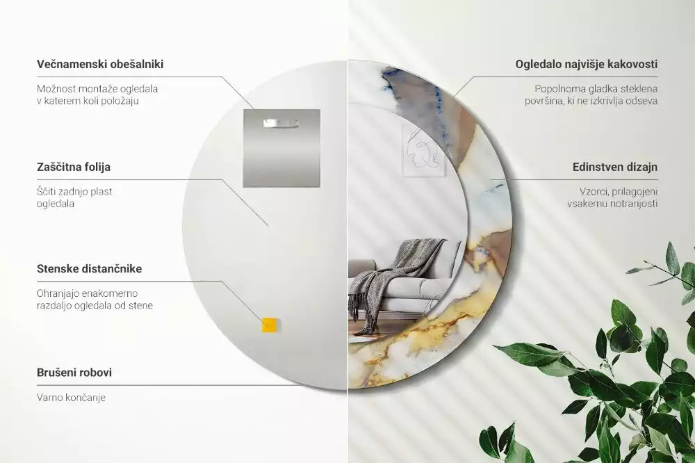 Lustro z okrągłą ramą z nadrukiem w kolorze białego marmuru