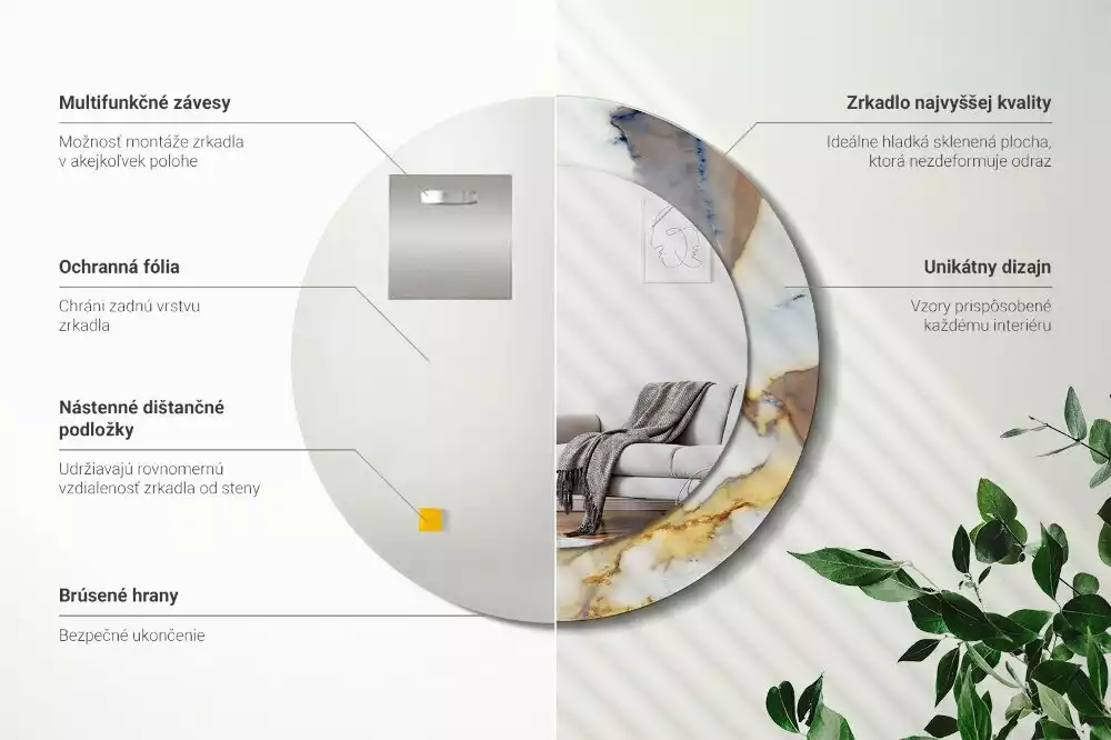 Lustro z okrągłą ramą z nadrukiem w kolorze białego marmuru