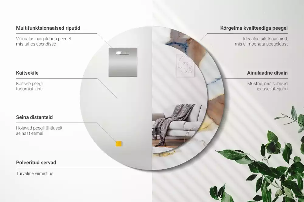 Lustro z okrągłą ramą z nadrukiem w kolorze białego marmuru