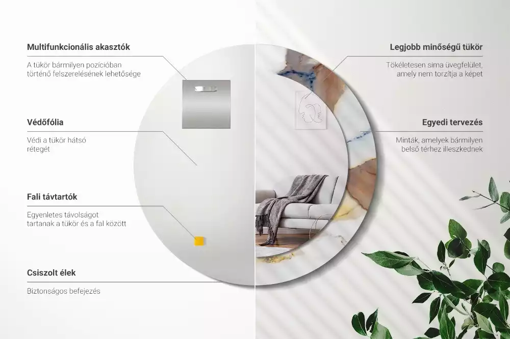 Lustro z okrągłą ramą z nadrukiem w kolorze białego marmuru