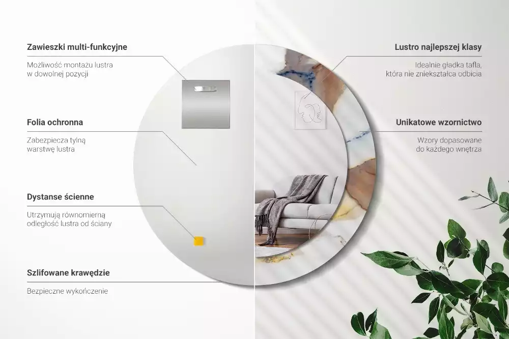 Lustro z okrągłą ramą z nadrukiem w kolorze białego marmuru