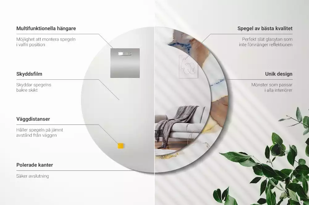 Lustro z okrągłą ramą z nadrukiem w kolorze białego marmuru