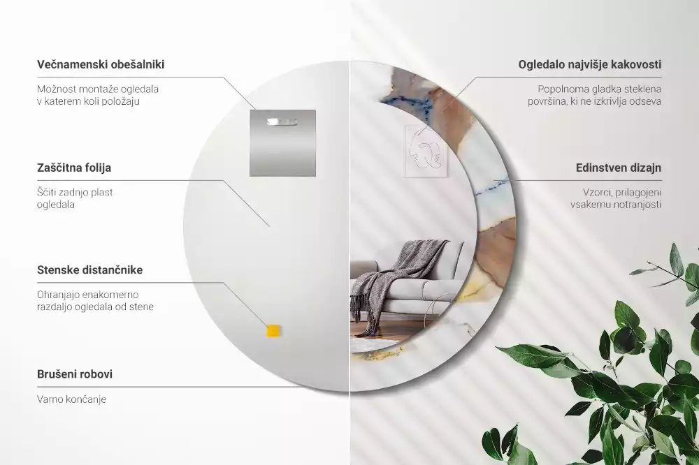 Lustro z okrągłą ramą z nadrukiem w kolorze białego marmuru