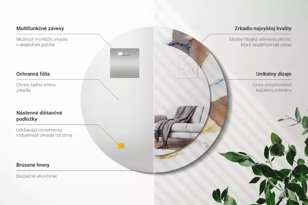 Lustro z okrągłą ramą z nadrukiem w kolorze białego marmuru