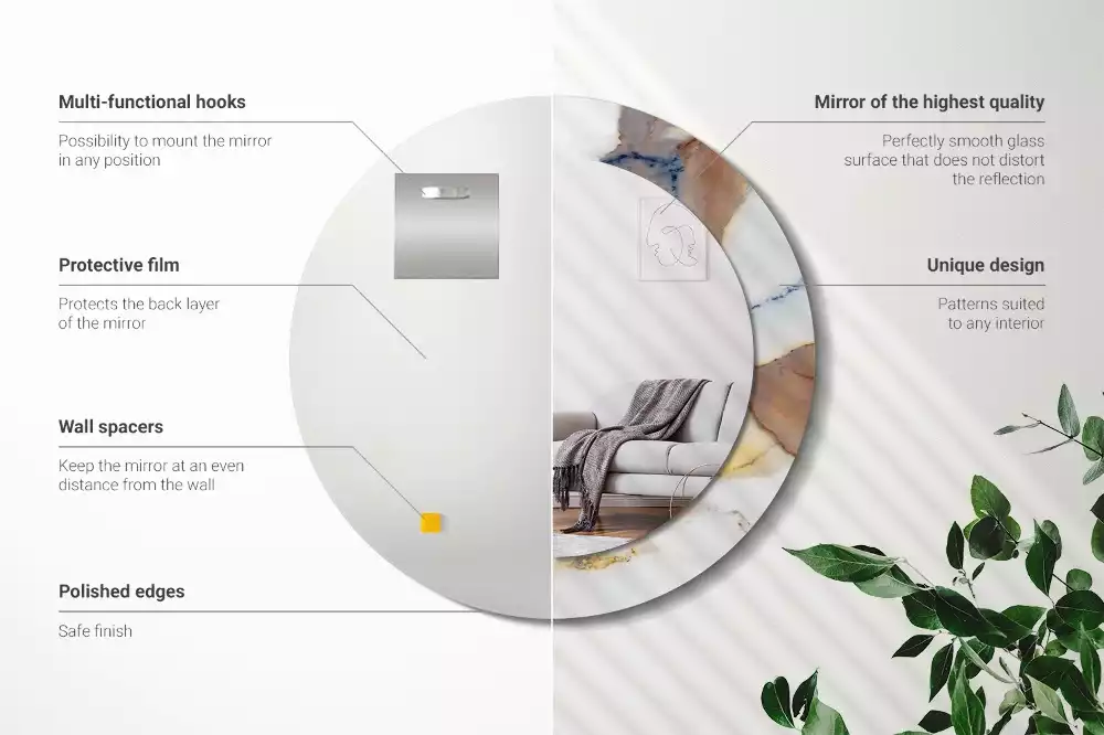 Lustro z okrągłą ramą z nadrukiem w kolorze białego marmuru