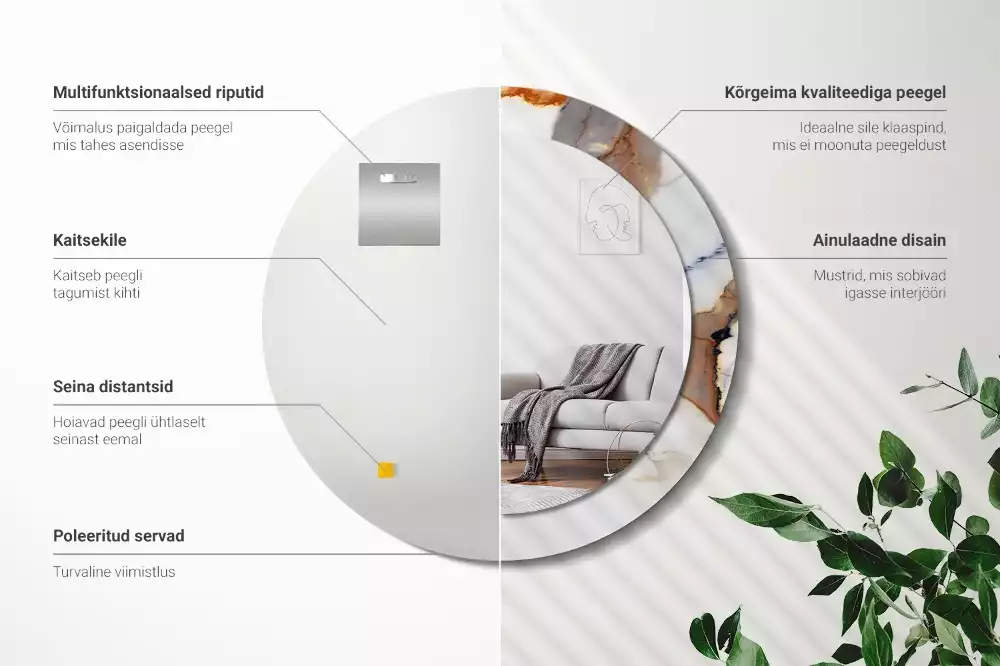 Lustro z okrągłą ramą z nadrukiem w kolorze białego marmuru