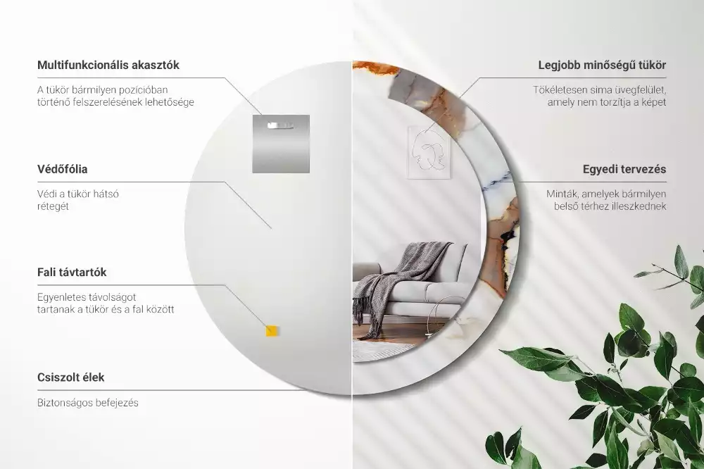 Lustro z okrągłą ramą z nadrukiem w kolorze białego marmuru